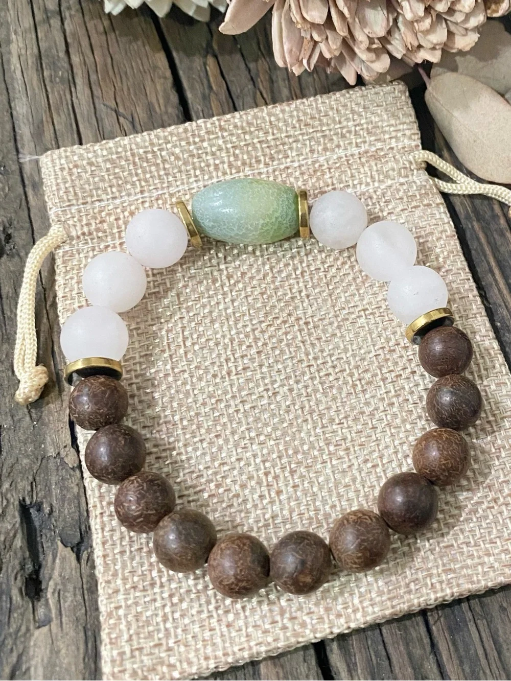 Sandalwood and Quartz Bead Stretch Bracelet, Gold & Green Glass Accents
